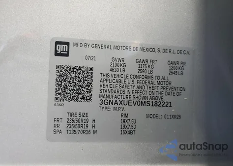 2021 Chevrolet Equinox Lt from USA, damaged, VIN 3GNAXUEV0MS182221